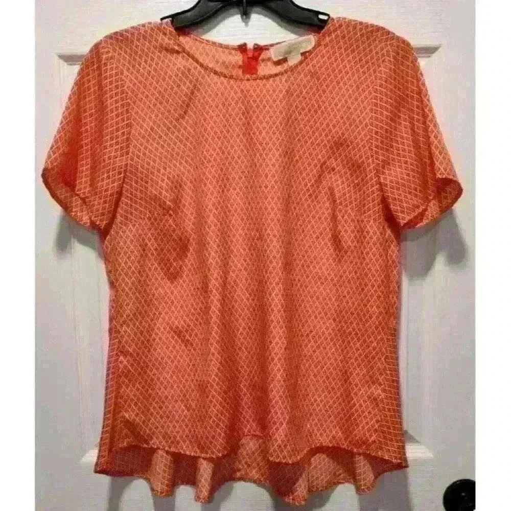 Michael Kors Empire logo Coral High Low blouse top‎ Size LARGE